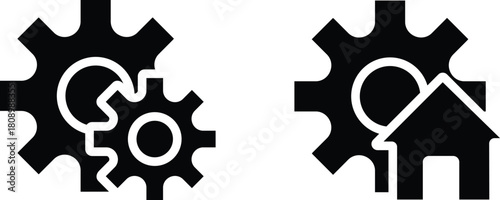 Black Gear and Home Icons Set. Technical House Settings and Interlocking cogwheel Icon Symbols.