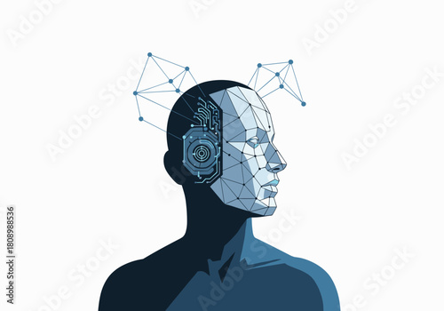 Abstract geometric tech head with neural network connections and circuit elements