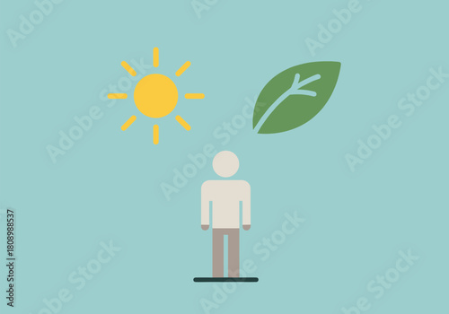 Eco-friendly lifestyle in minimalist design with sun, leaf, and person