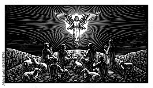 Angel Appearing to Shepherds in Field with Sheep in Vintage Woodcut Style