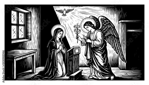 Annunciation Scene with Angel Gabriel and Virgin Mary in Vintage Engraving Style