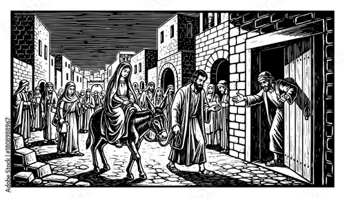 Joseph and Mary Arriving in Bethlehem Seeking Shelter at the Inn in Vintage Woodcut Style