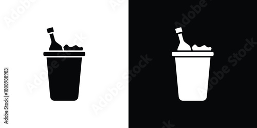 Ice bucket and bottle icon in glyph shilhouette black and white colors