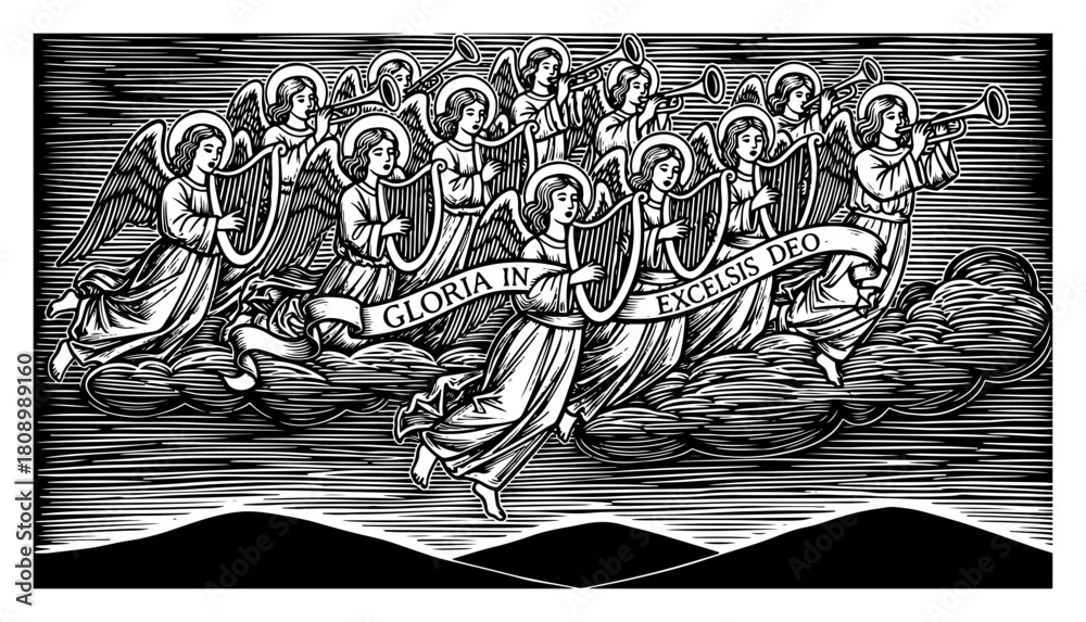 Fototapeta premium Heavenly Angel Choir Singing Gloria In Excelsis Deo With Musical Instruments In Vintage Woodcut Style