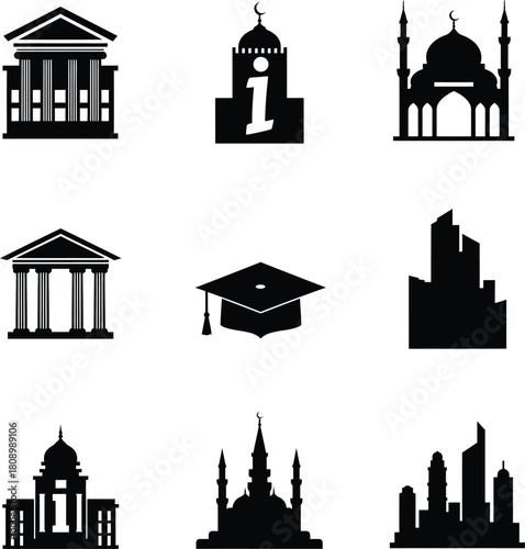 Collection of nine distinct black silhouette icons representing various architectural styles and institutions including government buildings and educational symbols