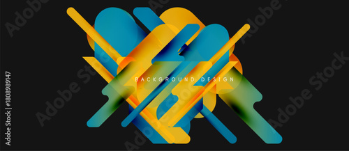 Abstract vibrant layers overlap, creating dynamic visual effect. Modern design utilizes blue, yellow gradients on dark backdrop.