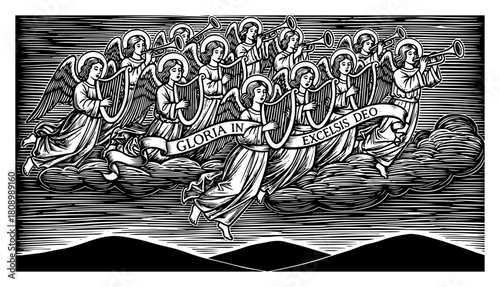 Heavenly Angel Choir Singing Gloria In Excelsis Deo With Musical Instruments In Vintage Woodcut Style