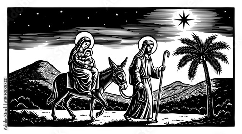 Holy Family Night Journey to Bethlehem Vintage Woodcut