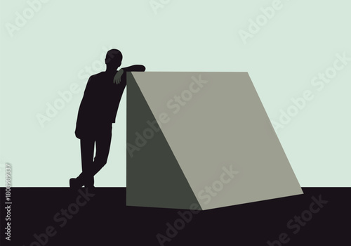 Silhouette man leaning on geometric shape in minimalist style