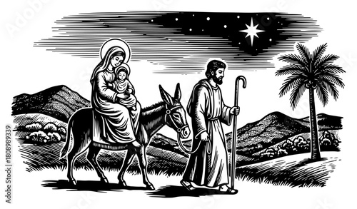 Holy Family Journey to Bethlehem with Donkey Vintage Engraving