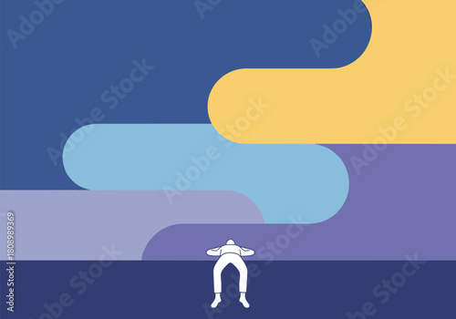 Surreal abstract minimalism with relaxing figure under colorful waves