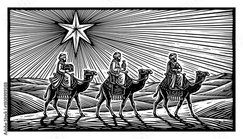 Three Wise Men on Camels Under Star of Bethlehem Vintage Engraving