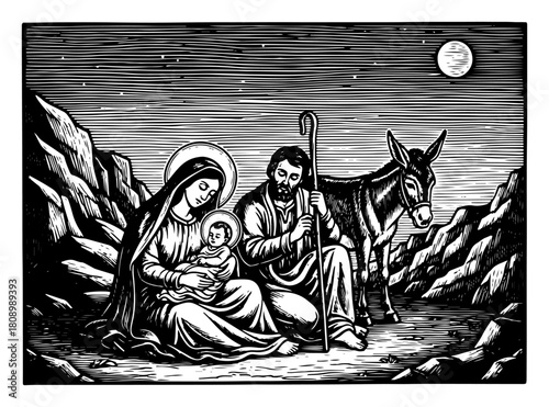 Holy Family Resting with Donkey During Journey at Night in Vintage Woodcut Style