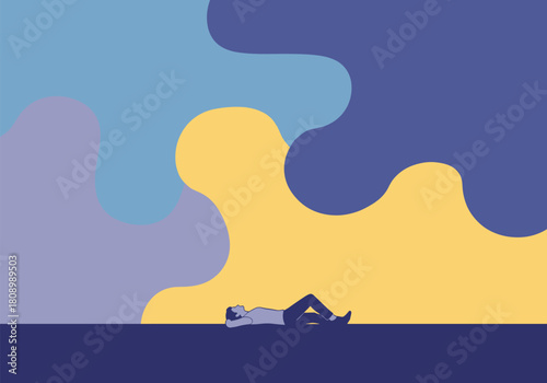 Dreamy abstract landscape with relaxing figure and fluid shapes