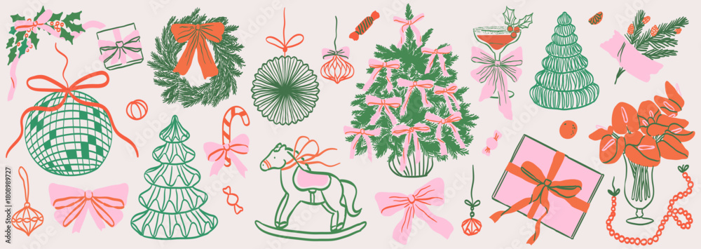Fototapeta premium Retro whimsical vintage new year home decor set in doodle line art print style. Christmas whimsy paper decoration with bow and ribbons. Hand drawn ink winter holiday party invitation card elements.