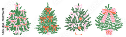 Christmas Tree decorated with whimsical bow and ribbons on pink background. Vintage Line art sketch style xmas winter fir tree sketch drawing for christmas fair or market invitation, placard or poster