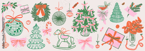 Retro whimsical vintage new year home decor set in doodle line art print style. Christmas whimsy paper decoration with bow and ribbons. Hand drawn ink winter holiday party invitation card elements.