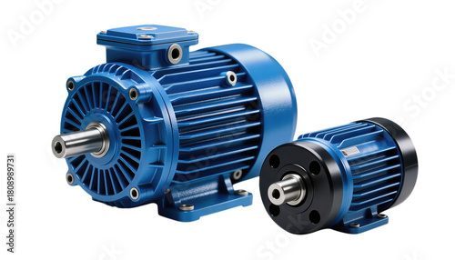 Blue industrial electric motors with metallic shafts isolated