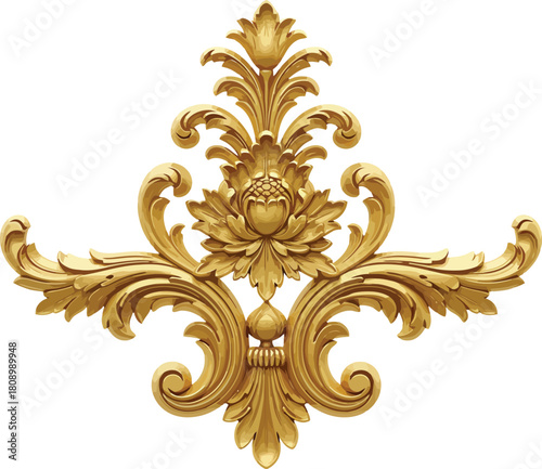 Ornate golden acanthus leaf scrollwork and floral motif decorative architectural element with intricate carved details on a white background