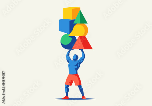 Colorful geometric balance: man lifting various shapes in modern design
