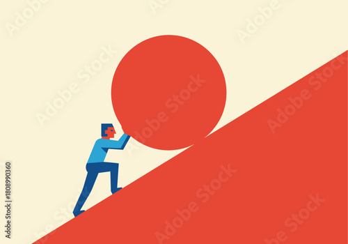 Businessman pushing large red sphere uphill in minimalist style