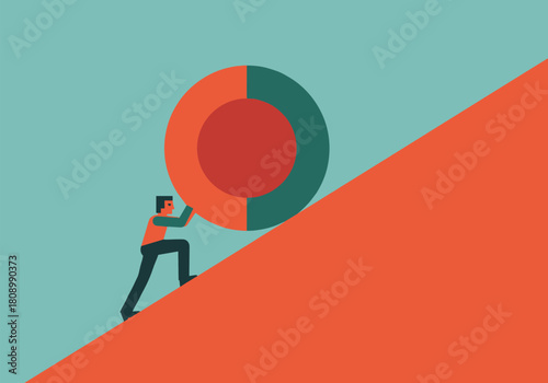 Businessman pushing giant target uphill in minimalist style
