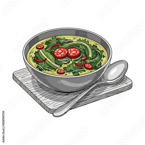 Illustration of a bowl of green soup with sliced sausage and chili pepper garnish