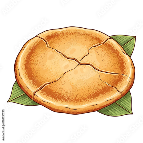 Illustration of a cracked, goldenbrown coffee bean with green leaves
