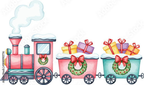 Whimsical watercolor illustration of a festive christmas train carrying colorful gift boxes and decorated with holiday wreaths and bows on a white background