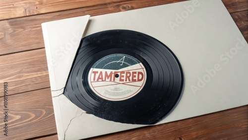 Damaged vintage vinyl record partially exposed in its paper cover