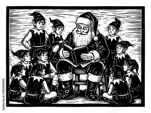 Vintage Christmas Santa Reading Storybook to Elves Illustration
