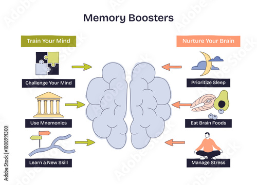 Memory Boosters brief, a central brain with guiding arrows and simple icons explains ways to improve recall sleep, food, and calm focus. Key objects, brain, arrows, icons. Doodle style diagram