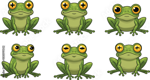 Cartoon frogs vector illustration, expressive amphibian characters, star-shaped pupils, playful poses, kids content, nature clipart, fun, joy, whimsical theme, emotion study