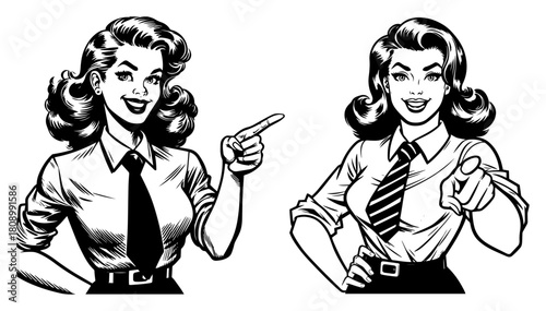 Two Retro Business Women Pointing Fingers at Viewer and Side in Pop Art Style