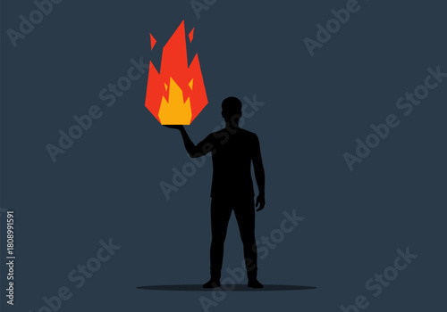 Silhouette of person holding fiery polygonal flame on dark background