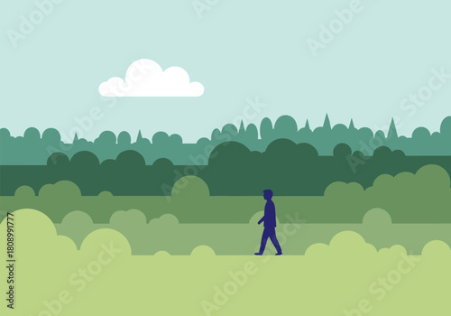 Minimalist landscape with silhouette of person walking in green nature scene