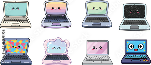 Cartoon laptops with smiling faces, colorful screen designs, cute tech characters, emotional devices, vector illustration set for education, media, and design