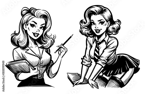 Vintage Pin Up Teacher and Secretary Characters Vector Illustration