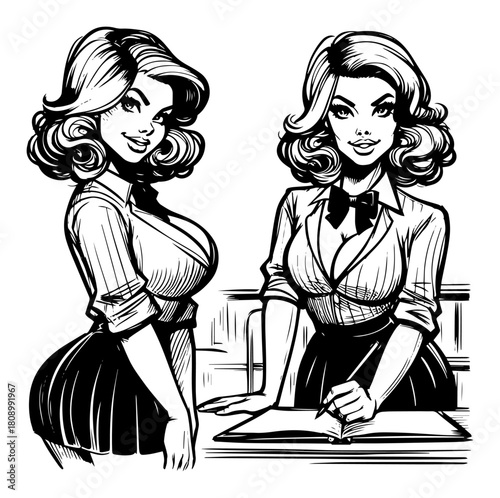 Vintage Pin Up Office Businesswomen at Desk Vector Illustration