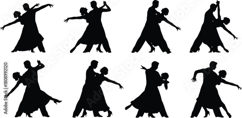 Ballroom dance silhouettes, elegant couple poses, formal attire movement, black vector dancers, romantic choreography, graceful waltz and tango illustrations
