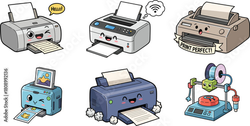 Cartoon printers with faces, inkjet, laser, photo, dot matrix, wireless and 3D printer characters, fun printing technology, vector illustration set
