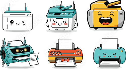 Cartoon printers with cute faces, colorful office machines, playful technology characters, fun printing devices, happy expressions, educational and marketing illustration, vector set