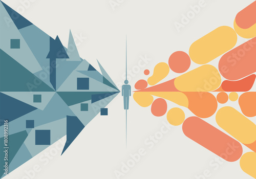 Contrasting abstract forces meeting at central figure in geometric design