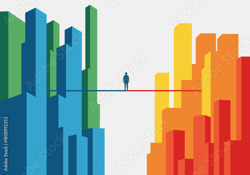 Colorful urban bridge: man crosses between vibrant cityscapes in abstract harmony