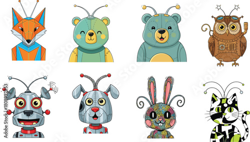 Cartoon robotic animals, cute mechanical characters with antennae and gears, fox, bear, owl, dog, rabbit, cat, vector illustration, AI theme