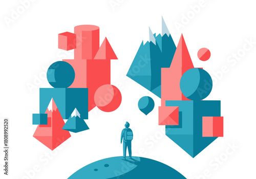 Geometric landscape exploration: adventurer gazes at abstract shapes and mountains