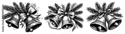 Vintage Engraving Style Set of Christmas Jingle Bells with Pine Branches and Ribbons