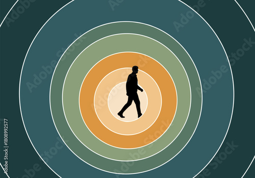 Silhouette of walking man in concentric circles art