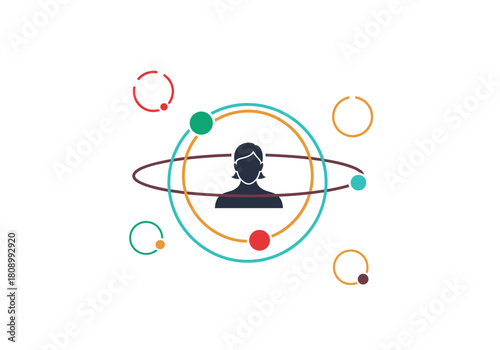 Person silhouette with orbiting abstract geometric shapes