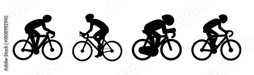 Cyclists silhouettes on bicycles in various riding poses